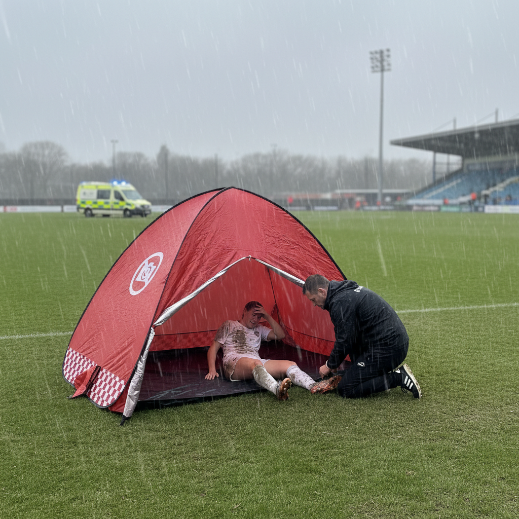 First-aider kneeling beside a player inside a red InciTent tent on a rainy pitch